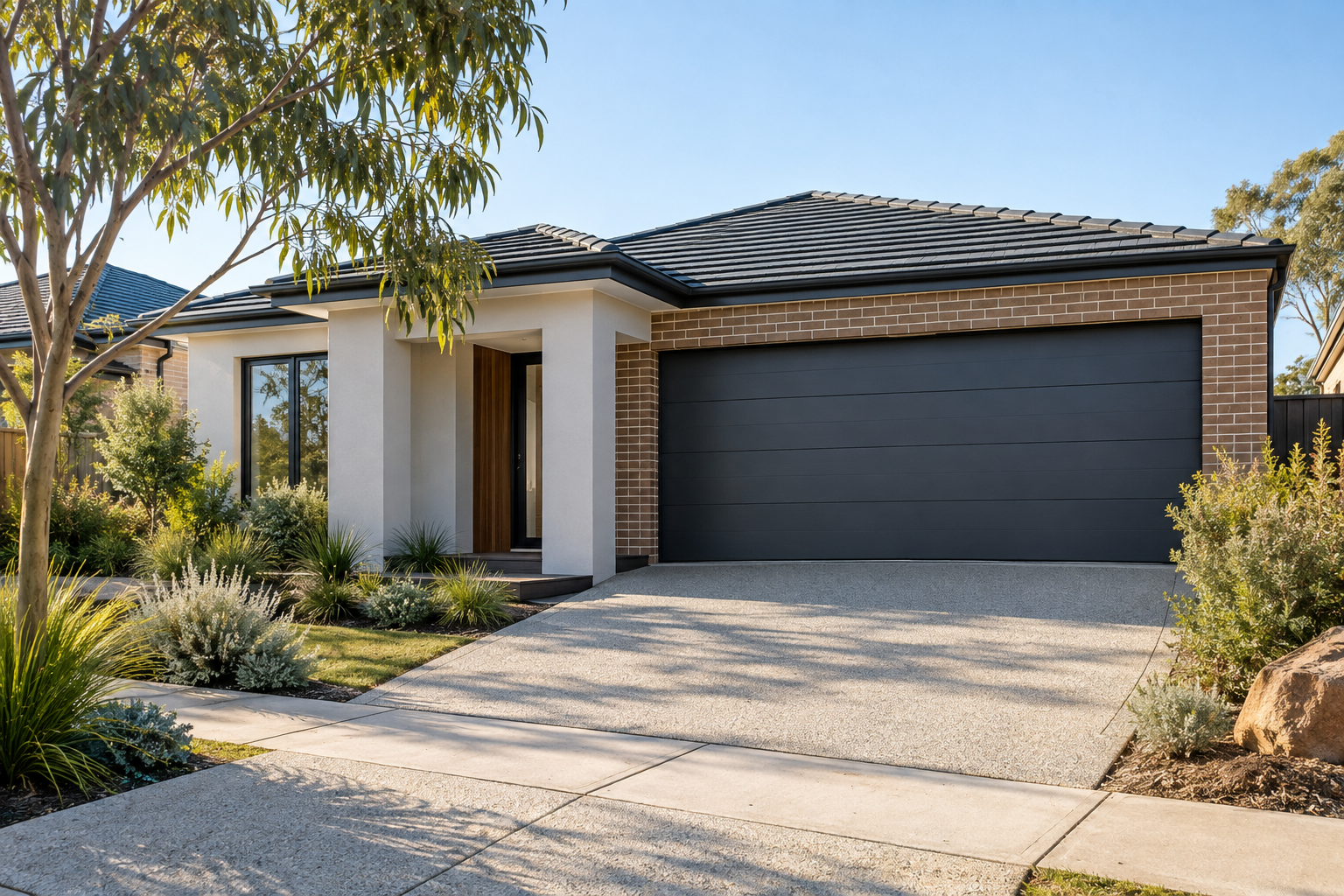 Contemporary brick home with a charcoal sectional garage door
